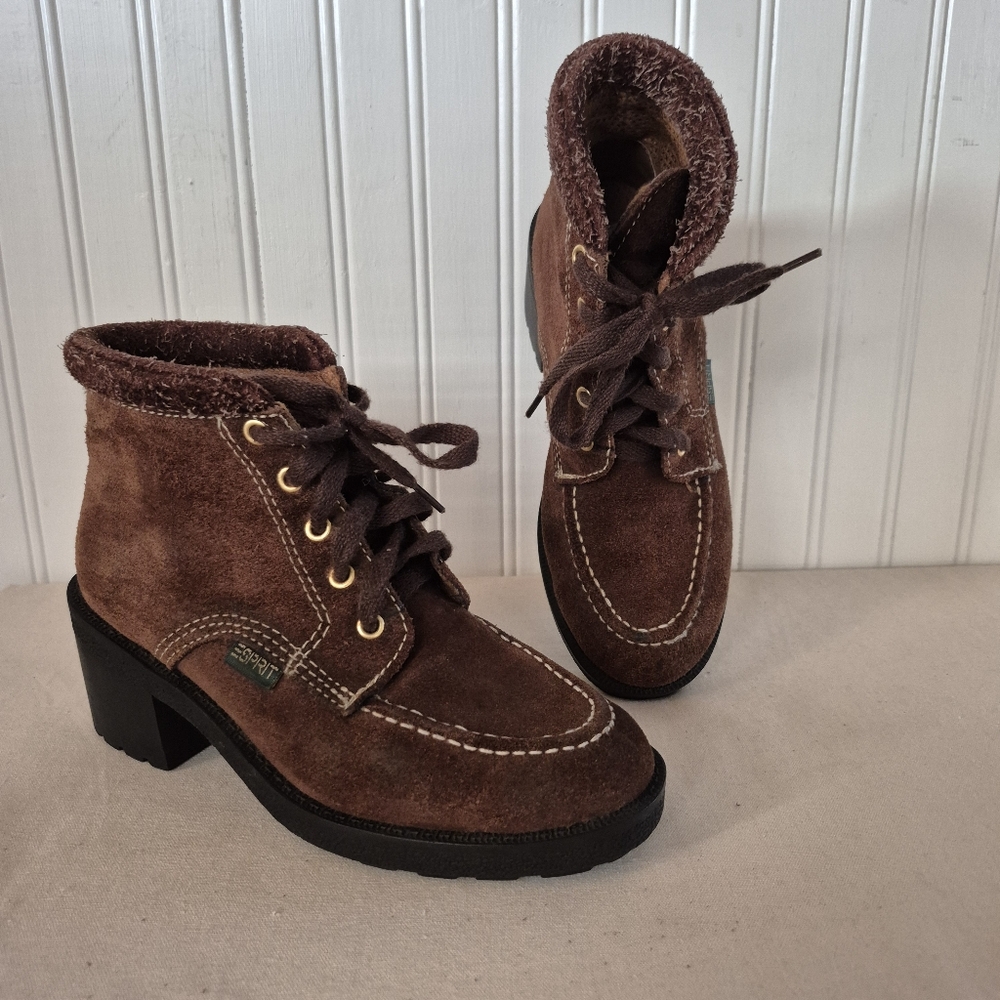 Esprit VTG 90s Chunky Heel Forrester Boot Lug Sole Brown Suede Lace Up Women 6.5